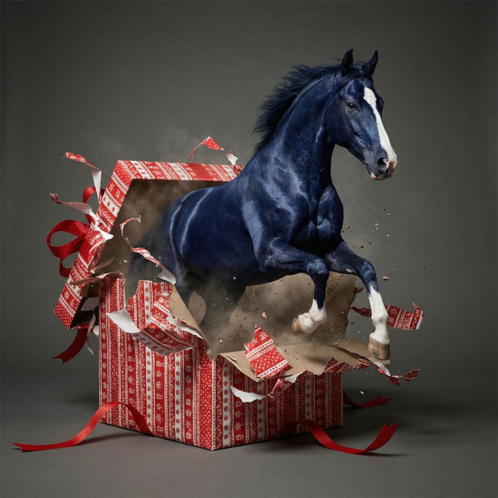 Un cheval sort d'un paquet cadeau
